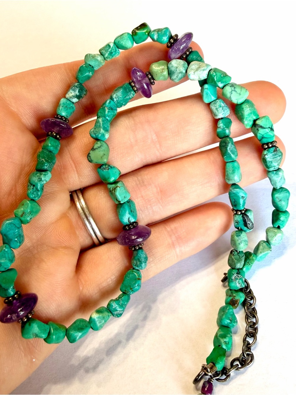 Vintage Turquoise and Amethyst Nugget Necklace Beaded Sterling Silver 925